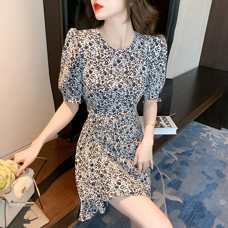 Summer Floral Chiffon Puff Sleeve Black Sexy Mini Dress Women Casual Boho Beach Short Dress 2024 Elegant Bodycon Party Vestidos