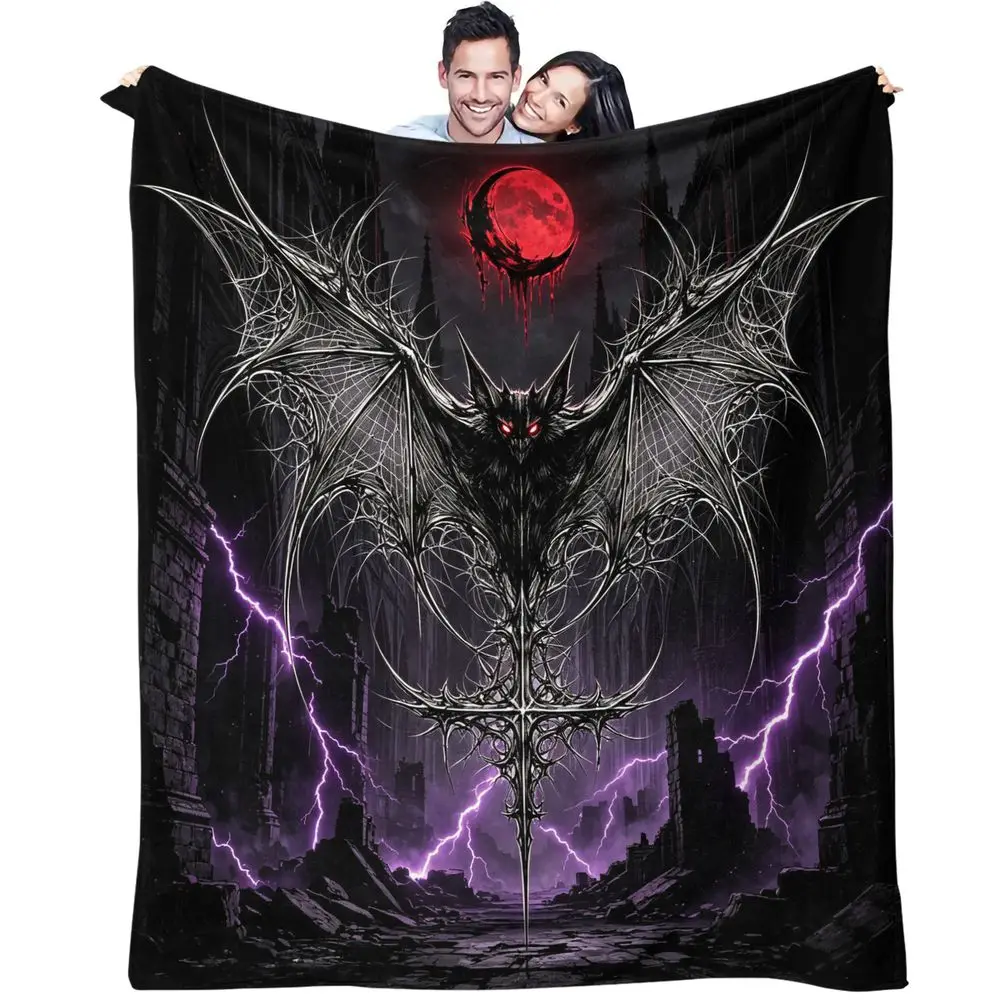 Gothic Bat Red Moon Print Blanket Flannel Blanket Throw Blanket Warm Blanket Gift Blanket Dark Teen Bedroom Lap Mat