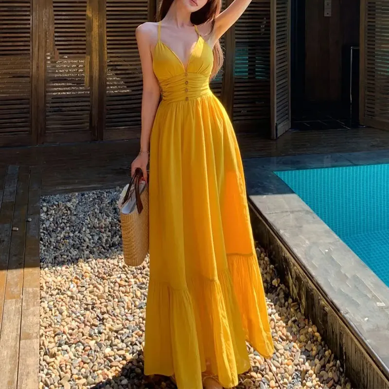 

Women Bright Yellow Strap Maxi Dress Deep V Neck Waist Button Ruched Back Tie Ruffle Hem Flowy Vacation Beach Long Slip Dress