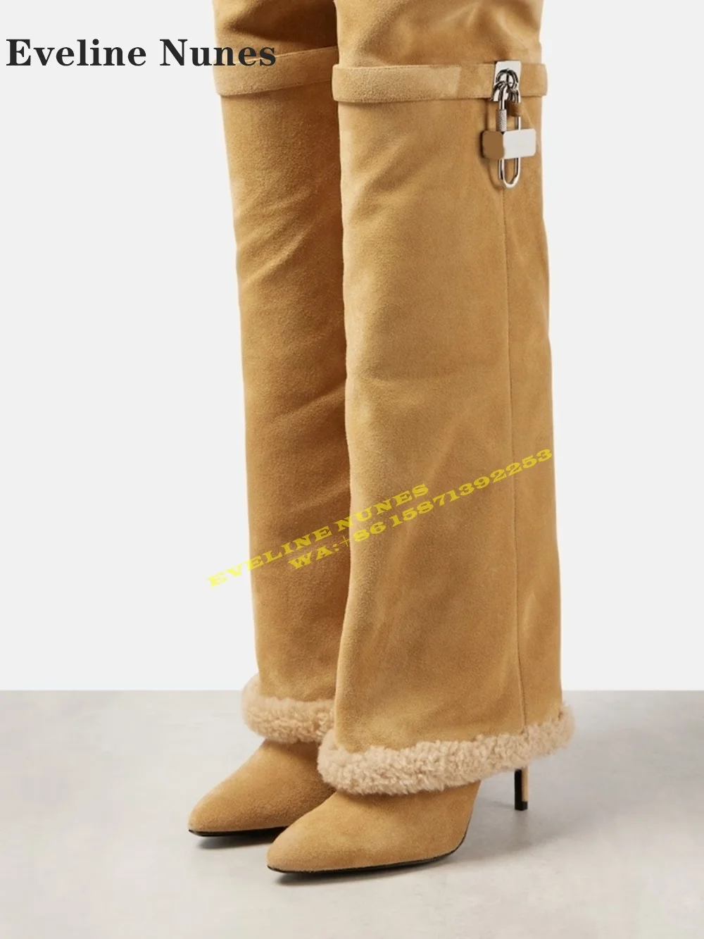 

Furry Warm Padlock Snow Trouser Boots Pointed Toe Thin Heels Fold Down Fashion Women Sleeve Boots Street Style 2025 New Style