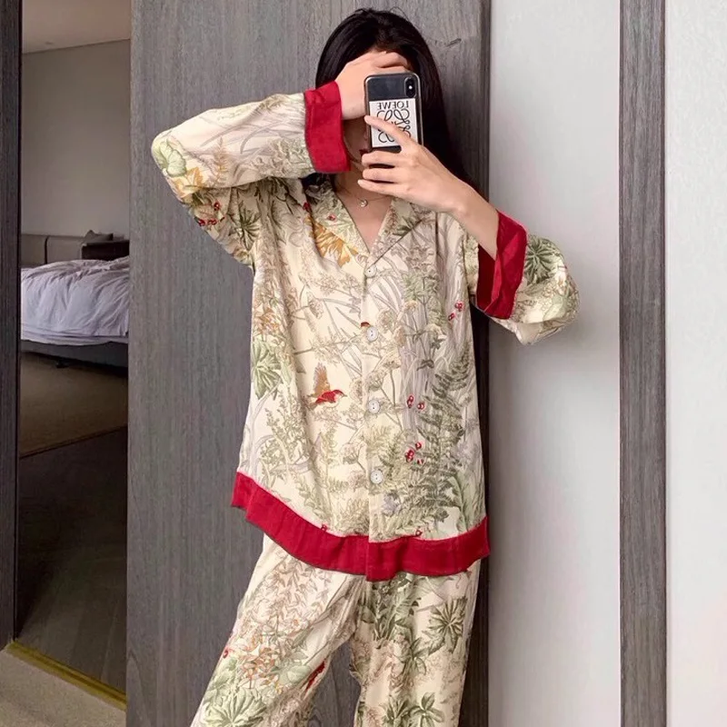 New Bird Trees Print Women‘s Pajamas Sets Faux Silk Satin Fashion Female Sleepwear Spring Fall Long Sleeve Pants House Clothes