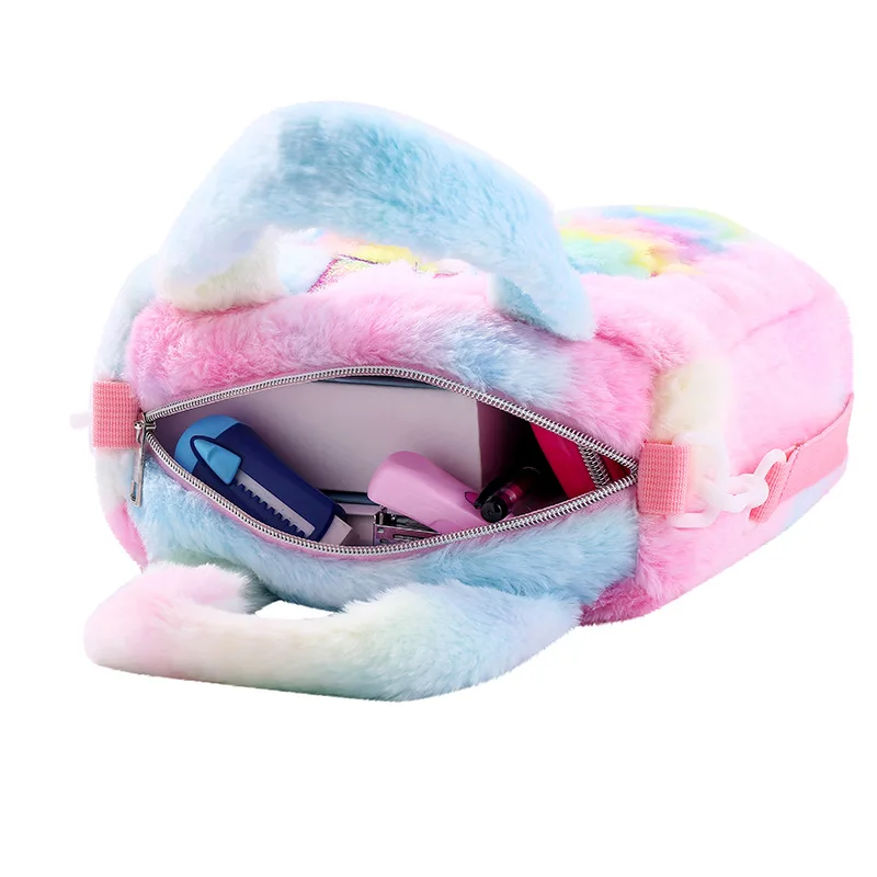 Children Plush Handbag Unicorn Colorful Fur Shoulder Bags Winter School Purse Cartoon Animal Fashion Totes Kids Belts Pouch