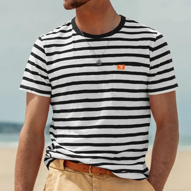 Hot Selling Summer New Men's Fashion Casual Versatile Short Sleeved Top Personalized Striped Round Neck T-shirt In Stock