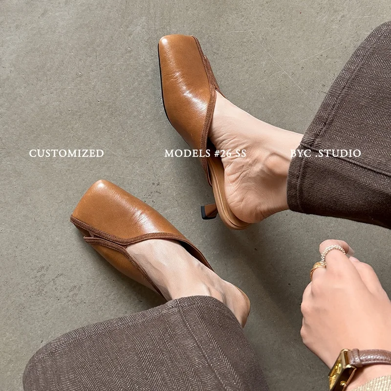 2026 new spring summer women mules natural leather plus size 22-25.5cm cowhide+sheepskin square toe high heel women sandals