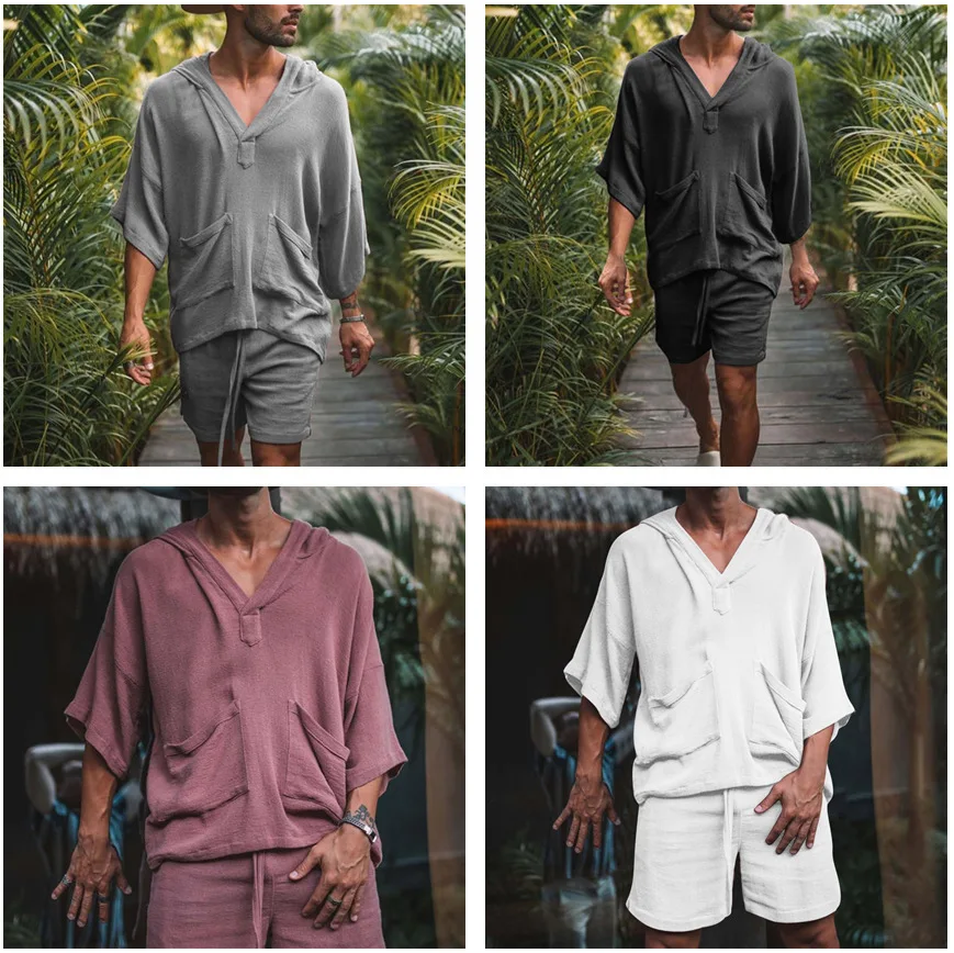 2024 new short sleeved shorts two-piece cotton linen loose casual sports middle sleeve set for men's clothing