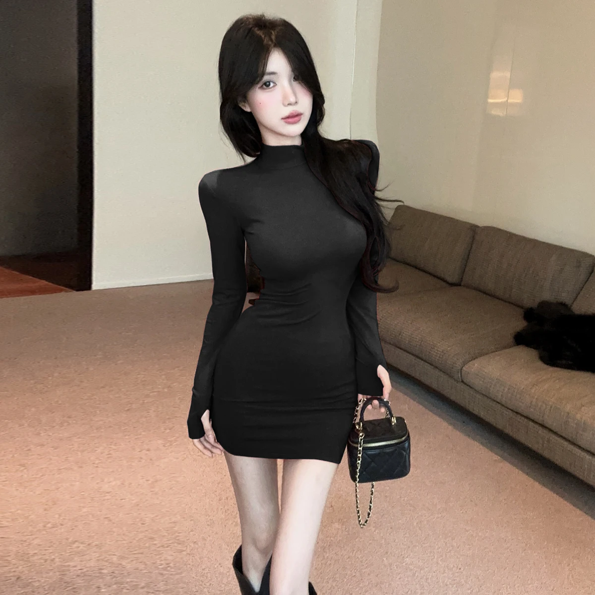 Outono inverno vintage simples f gola alta longa camada base dr casual gola cor envoltório em torno de ort...