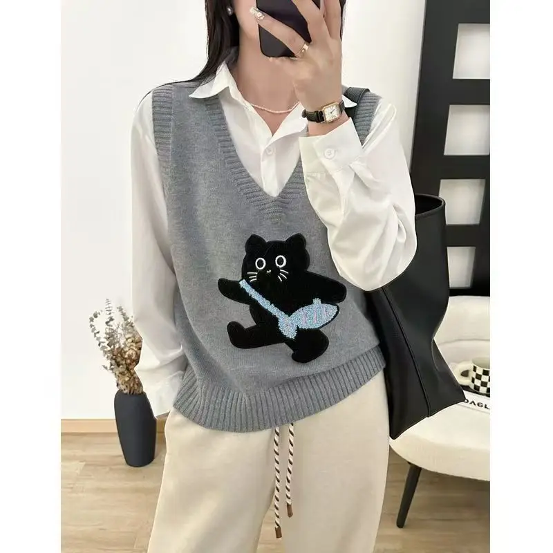 

Корейский жаккардовый жилет с рисунком кота, женский пуловер с круглым вырезом, жилет без рукавов, женский винтажный свитер в консервативном стиле, джемпер Y2k Top