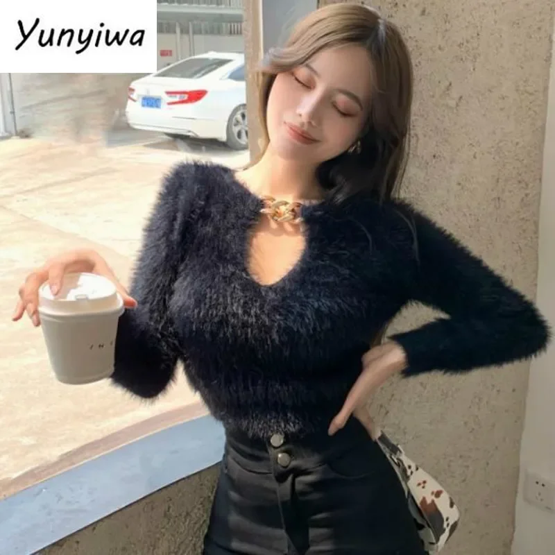 Korean Knit Pullovers Sweater Woman Fashion Chain Mohair Sweaters Women Cropped Tops Y2K Pull White Black Clothes