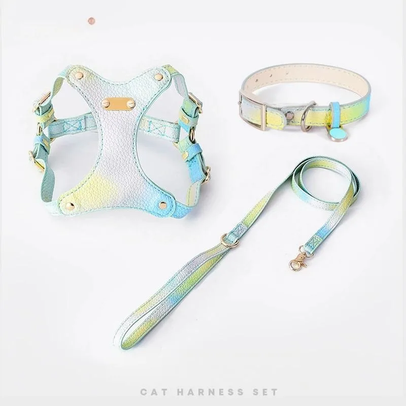 Luxury Waterproof Reflective Dog Harness Collar and Leash Set Soft Leather Pet Set with Bell Multiple Colors