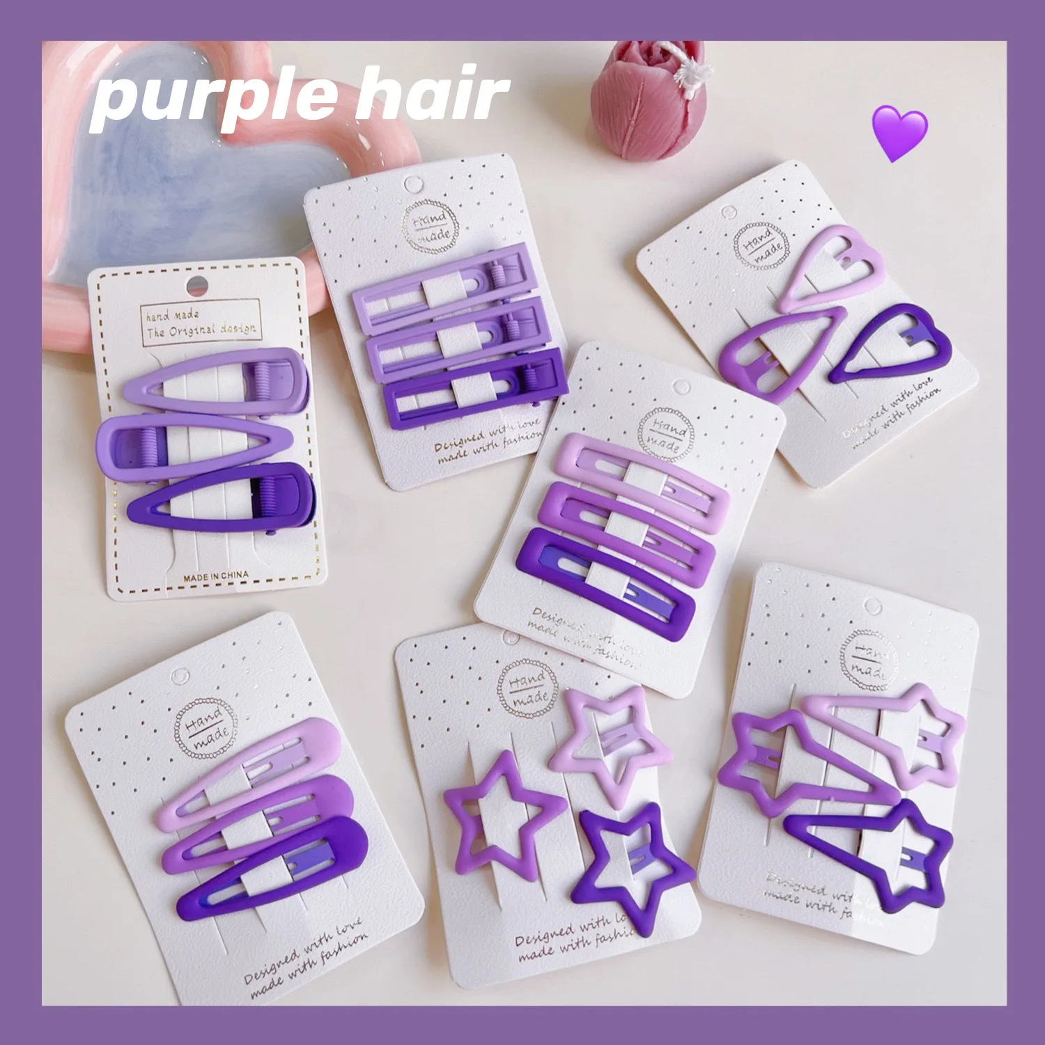 3pcs Children Purple Hair Clip Geometry Star Heart Ornament Hair Clips Baby Girls Sweet Barrettes Hairpins Kids Hair Accessories