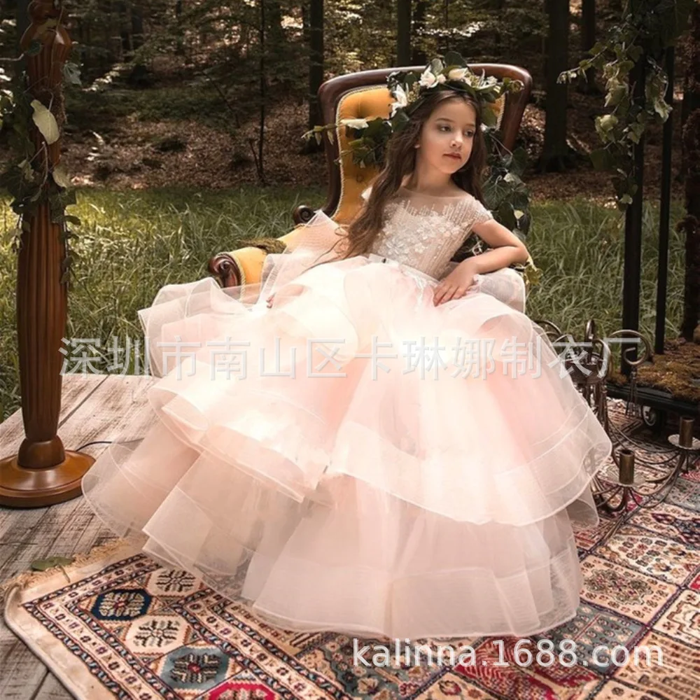 Hot Selling  Party Dress Girls 2-14 Years Mesh Flower Girl Dresses for Weddings Patchwork Ankle-Length Child Birthday Ball Gowns