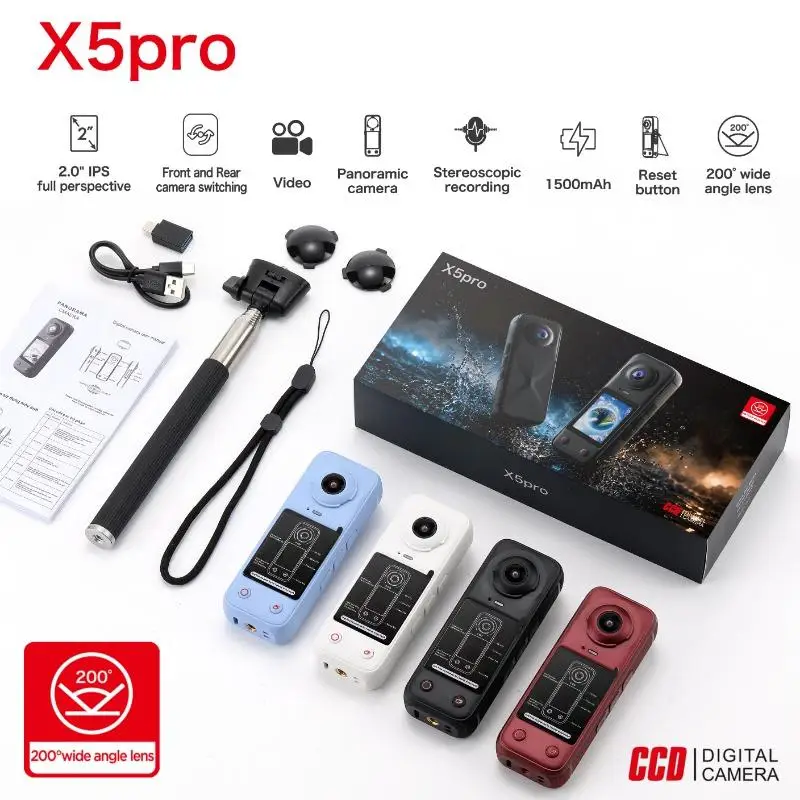 X5 Pro 4K Panoramic Action Camera Dual Lens Switchable 200° Wide Angle 2.0 Inch Screen 1500mAh Webcam Vlog