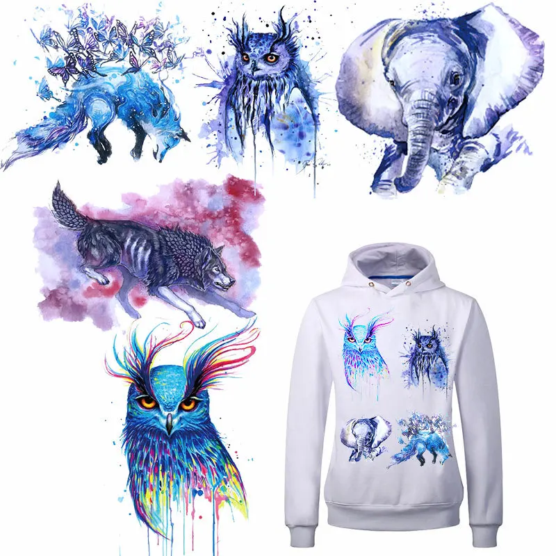Low Price Ink Wash Painting Wolf Lion Peacock Owl Animal Pvc Print Iron on Patches for Clothes Iron-on Transfers for Clothing