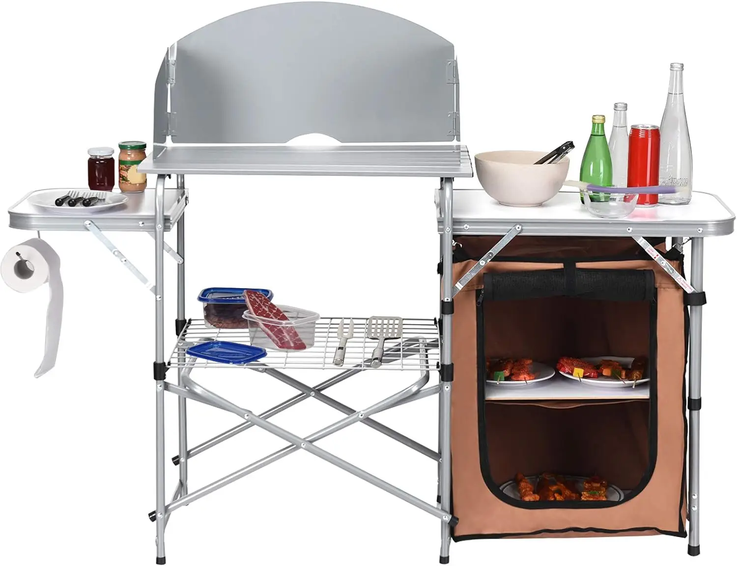 

Camping Kitchen Table, Portable Outdoor Cooking Table with Storage, 26'' Tabletop, Detachable Windscreen, Camp Cook Station