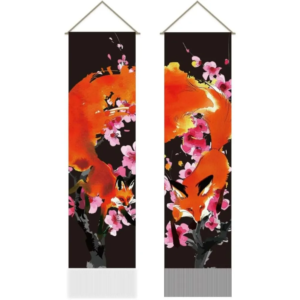 2Pcs Fox and Flowers Wall Tapestry Fox Long Vertical Tapestry Wall Hanging Cherry Blossom Tassel Wall Tapestry Mystic Aesthetic