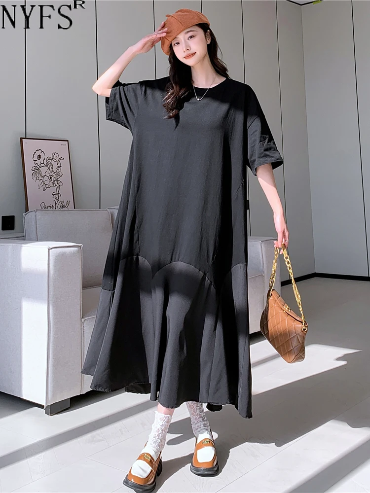 

NYFS 2024 Summer New Korea Woman Dress Vestidos Robe Elbise Loose Plus Size Patchwork Irregular Hem Short Sleeve Long Dresses