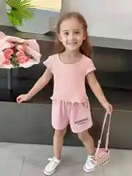 Girls' summer pit strip wavy edge design sense flying sleeve round neck thin stretch top pink slim simple unique short sleeve