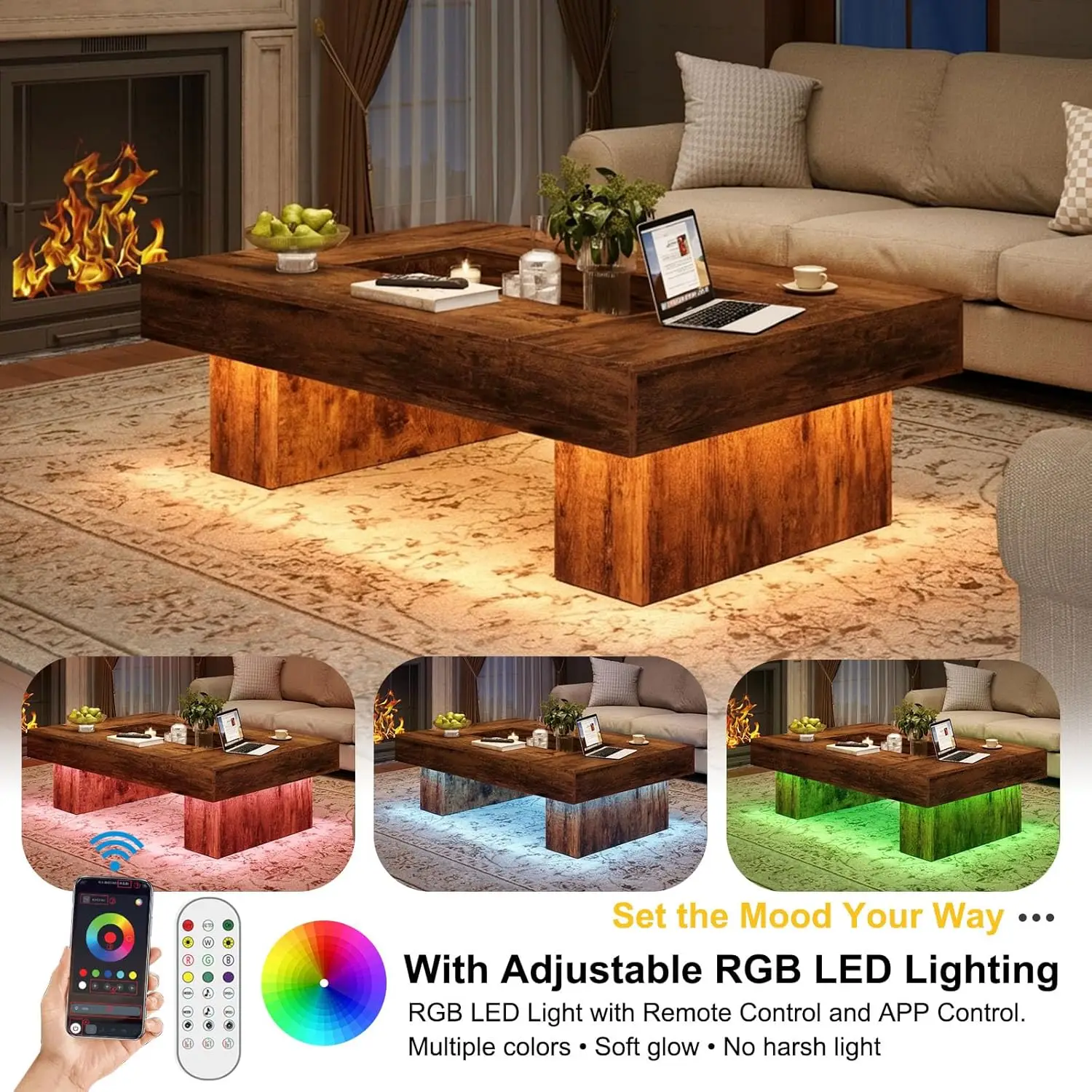 # Rustykalny Stolik Kawowy z Drewnianą Półką do Przechowywania, Oświetlenie LED, Prostokątny, Styl Farmhouse, Do Domu/Biura, 120 cm, Personalizowany