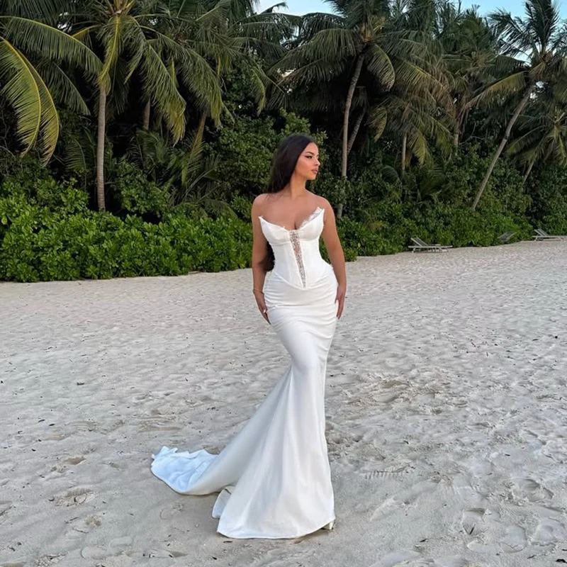 Eightree Formale Meerjungfrau Brautkleider Schatz Sweep Zug Satin Brautkleid Weiße Spitze Hochzeit Ball Ballkleider Maßgeschneidert