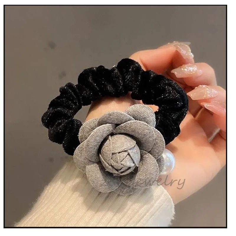 

luxury women's headbands hair headbands woman Grey Camellia Flower Hair Ring Pearl Headrope New Hair Accessories