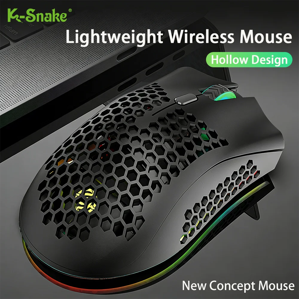 

Перезаряжаемая игровая мышь K-Snake USB 2.4G с полым дизайном, легкая, с RGB-подсветкой, для настольных компьютеров и ноутбуков