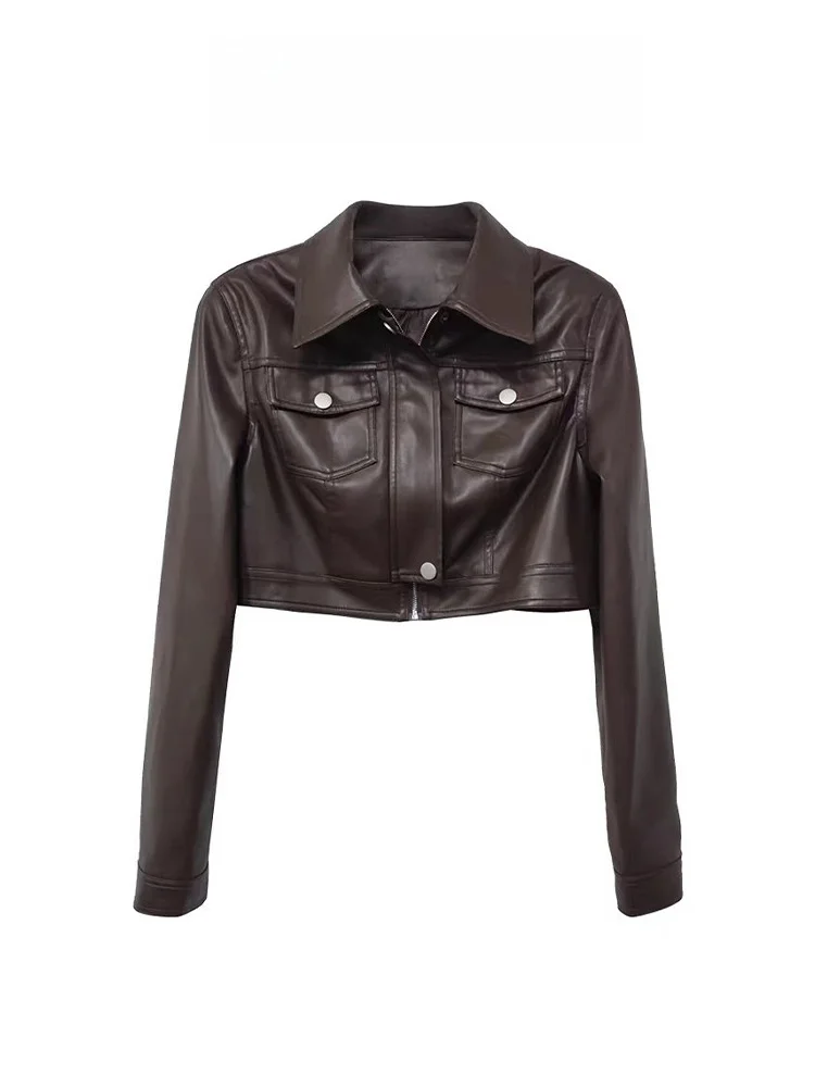 Retro Marrone Cuoio DELL'UNITÀ di elaborazione Jaet delle Donne Primavera 2025 Nuovo di Piccole Dimensioni Caffè Or Moto Jaet Top Loose Fit Lungo Sve