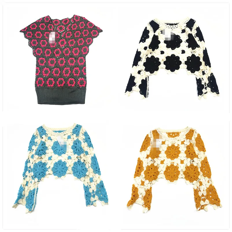 

Hand Knitted Embroidered Double Layer Hollow out Pure Color Luxury Floated Flower Mixed Fiber Sweater Vintage Sle for Women