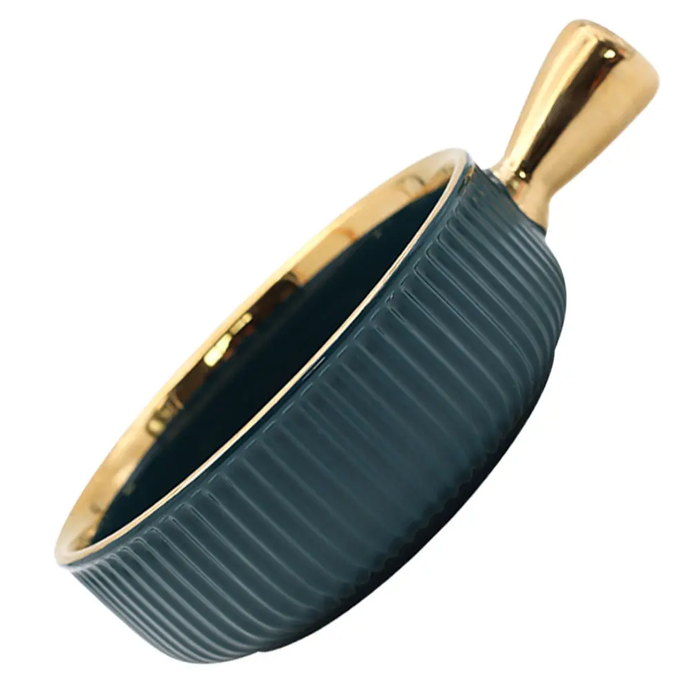 1Pcs Ceramic Food Container Fruit Salad Bowl with Handle Vertical Grain Texture Creative Dessert Serving Bowl for Restaurants