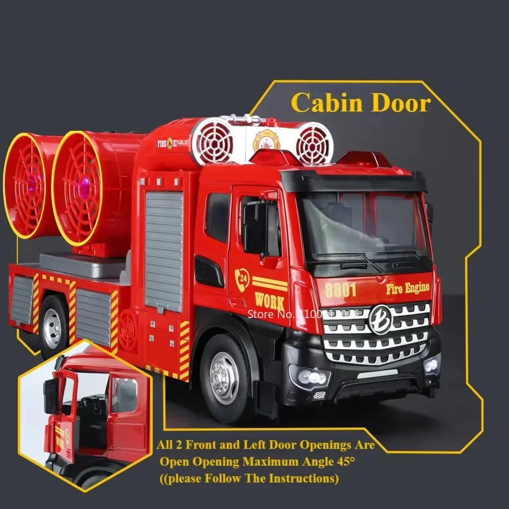 Modelo de motor de bomberos 1:18, camiones de juguete, vehículo de pulverización fundido a presión de Metal, puertas con luz y sonido, coche de ingeniería extraíble abierto para regalo de niño