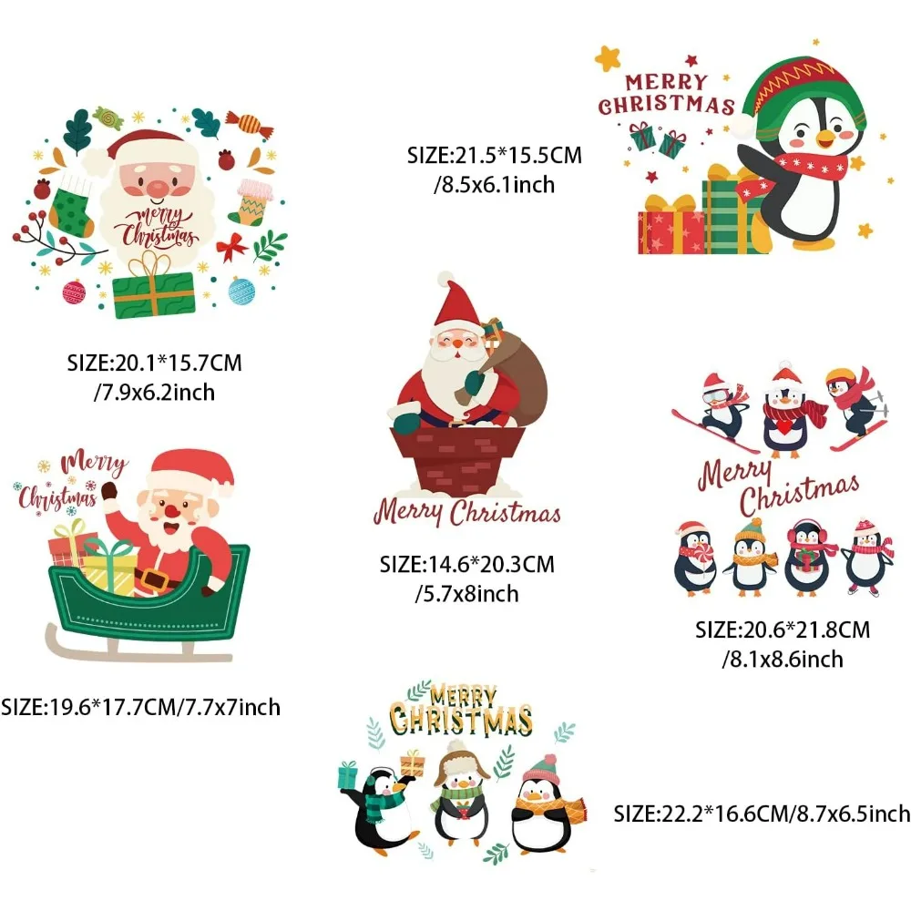 6 Sheets Merry Christmas Iron on Stickers Santa Claus Heat Transfer Stickers Iron on Appliques Xmas Penguin Decals Patches