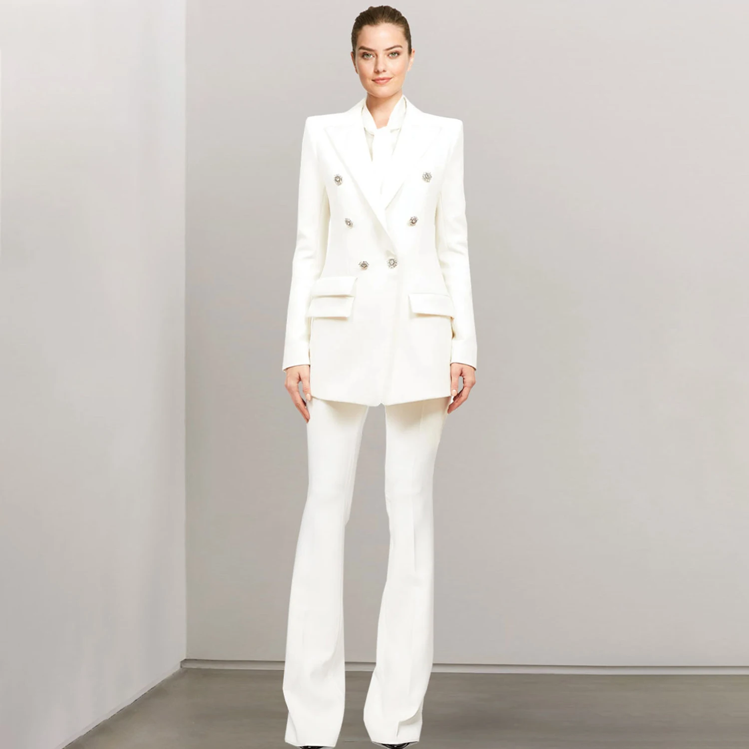Allingentle Double-Breasted White Women's 2 Piece Set Business Suit Elegant Pantsuit Set for Party Office Outfits Customize