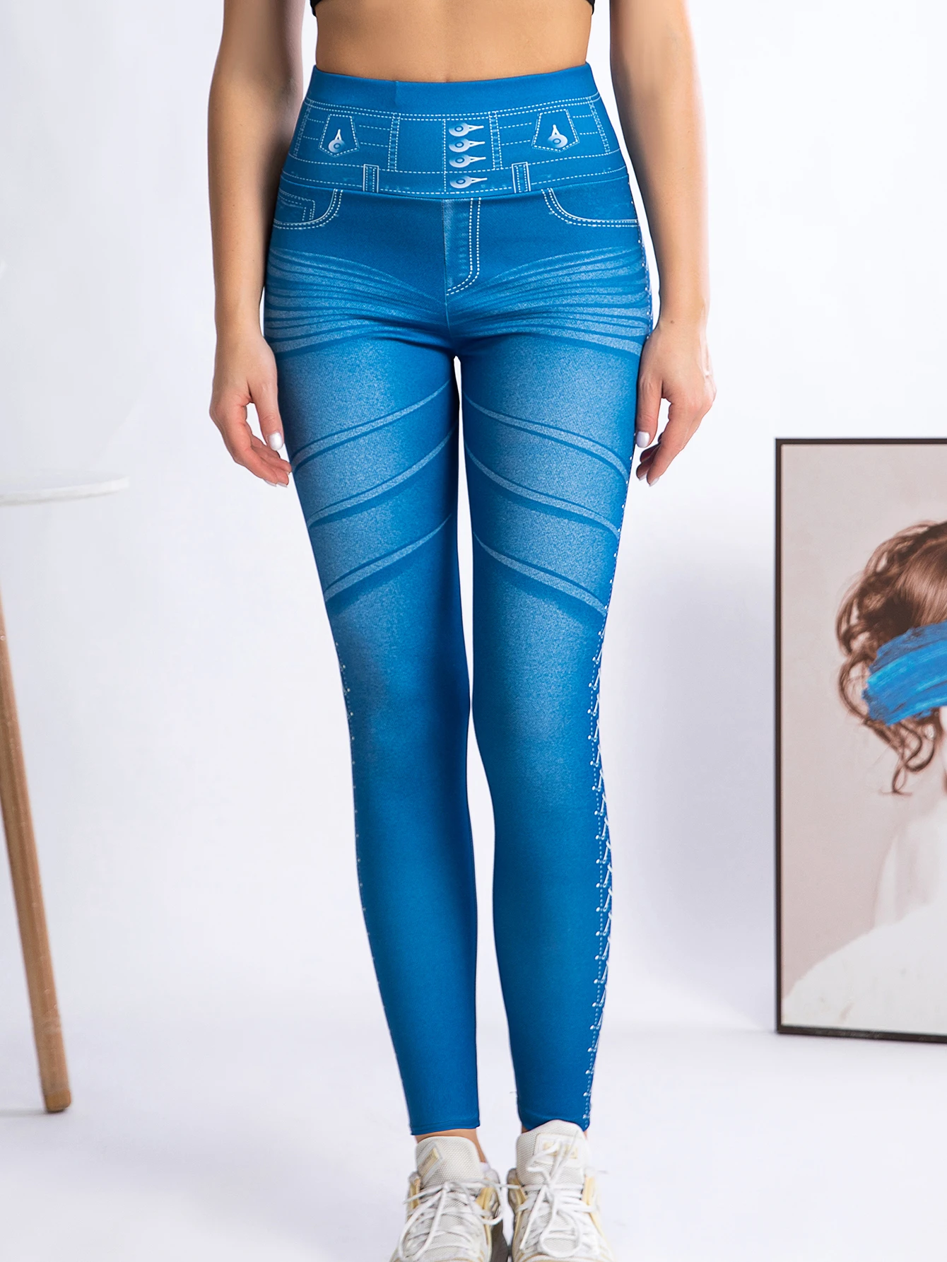 Nieuwe Mode Hoge Taille Imitatie Denim Leggings Vrouwen Europa En Amerika Sexy High-Stretch Strakke Negenpunts Broek Dames