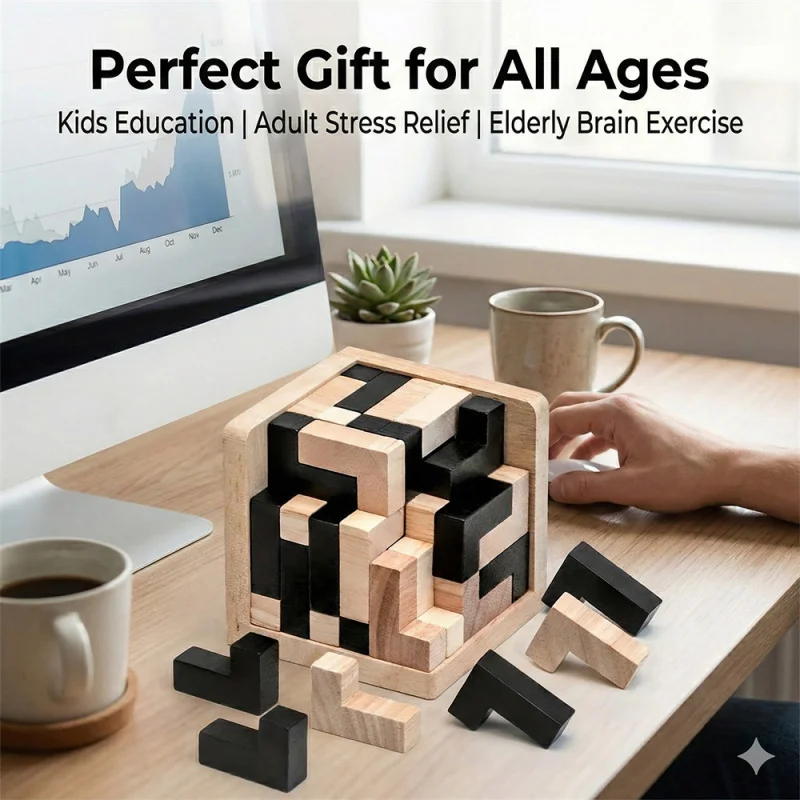 Wooden 3D Puzzle Cube Luban Lock Brain Teaser Toy Montessori Educational Interlocking Game For Kids Adults STEM Logic Gift