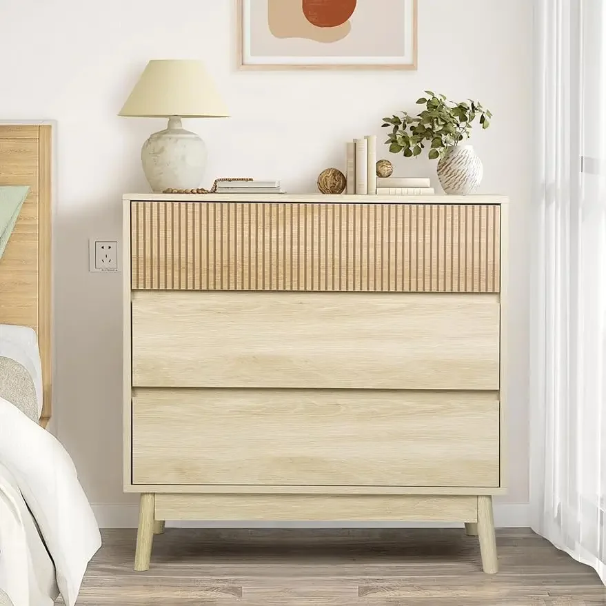 3/4Drawer Dresser, Farmhouse Wood Storage Chest of Drawers, Modern Closet Dressers with Wide Drawers, Bedroom, Living Room