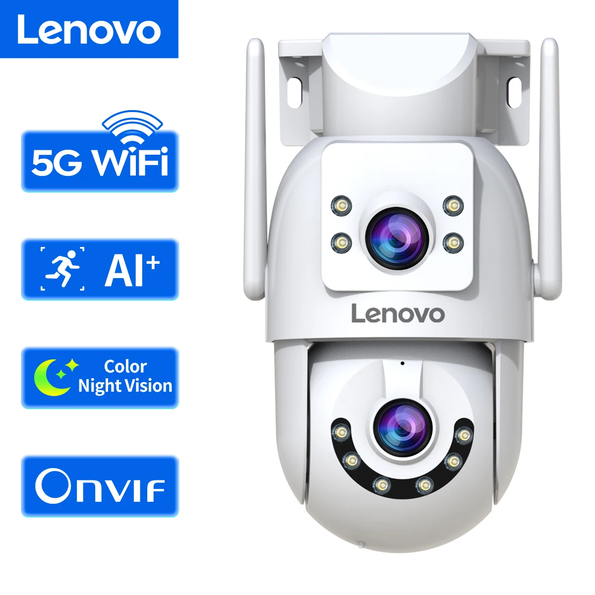 Lenovo kamera pengawas WiFi 4K, Kamera CCTV keamanan ONVIF lensa ganda PTZ IP luar ruangan 5G Wifi pelacakan otomatis