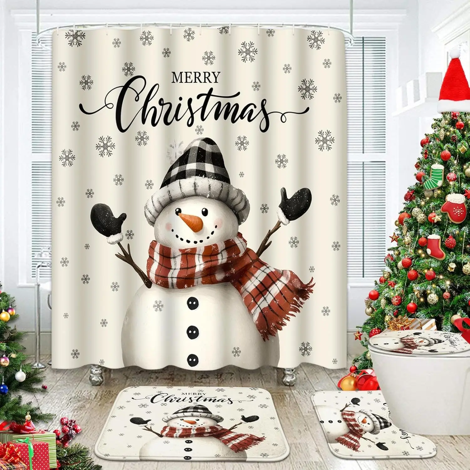 

4 Piece Christmas Shower Curtain Sets, Snowman Snowflakes Christmas Vintage with Non-Slip Rugs, Toilet Lid Cover and Bath Mat