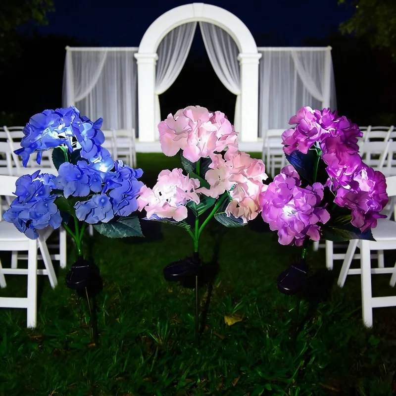 Garden Decor 3 Heads Hydrangea Artificial Flower Solar Lawn Lamp Summer Wedding Party Holiday Outdoor Patio Yard Decoration Lamp view 2