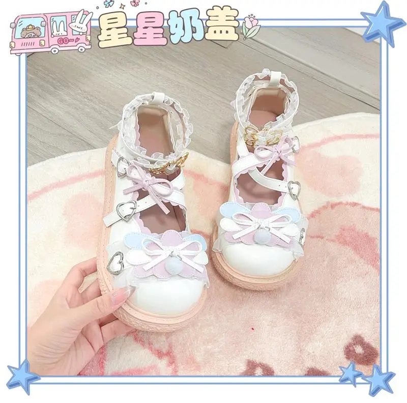 Harajuku Cute Princess Girls Leather Shoes Lace Round Toe Cute Baby Bar Flats Mary Jane Shoes Bow Lolita Tea Party Kawaii Women