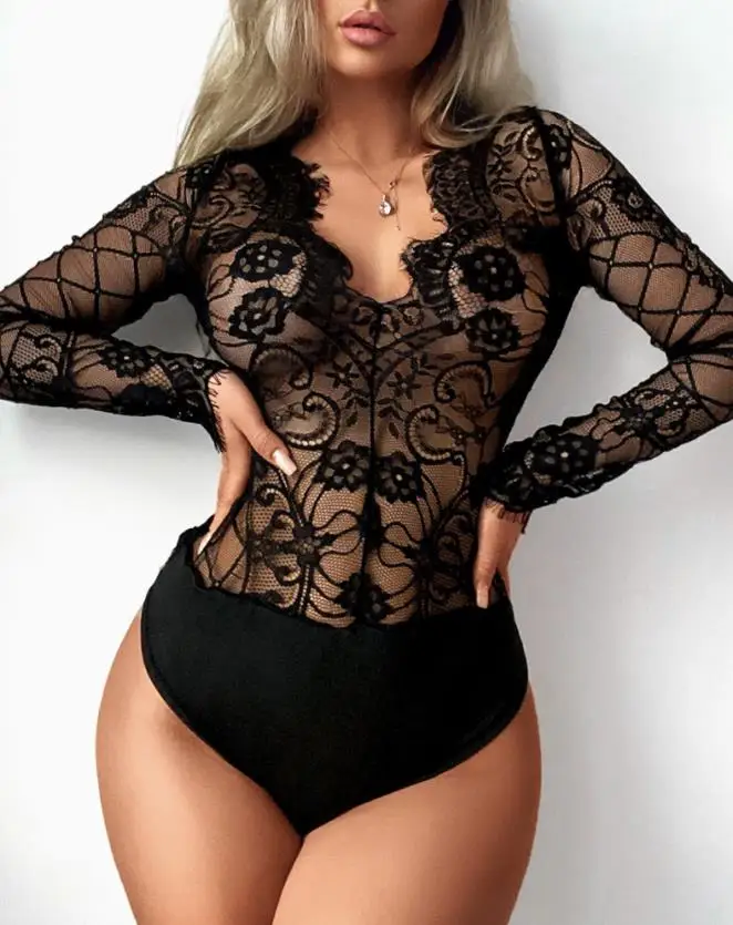 Sexy Skinny Bodysuit Women Fashion Asymmetrical Neck Eyelash Lace Crochet Hollow Long Sleeve Bodysuit Underlay One-piece Set