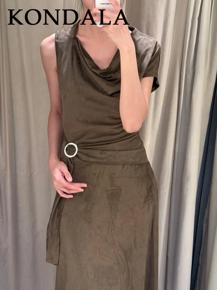 KONDALA 2025 الخريف الجلد المدبوغ الجيش الأخضر النساء فساتين غير المتماثلة أكمام فستان طويل غير المتماثلة مطوي موضة فساتين الإناث