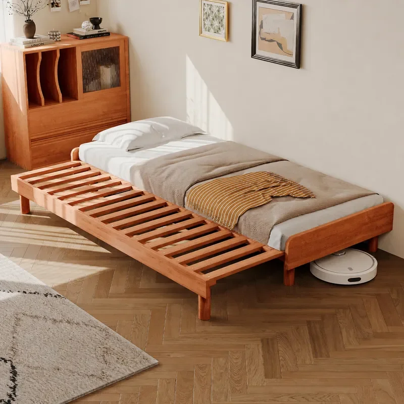 Retractable Solid Wood Bed Frame Push Pull Folding Log Single to Double Bed Splicing Dual Purpose Sofa Bed
