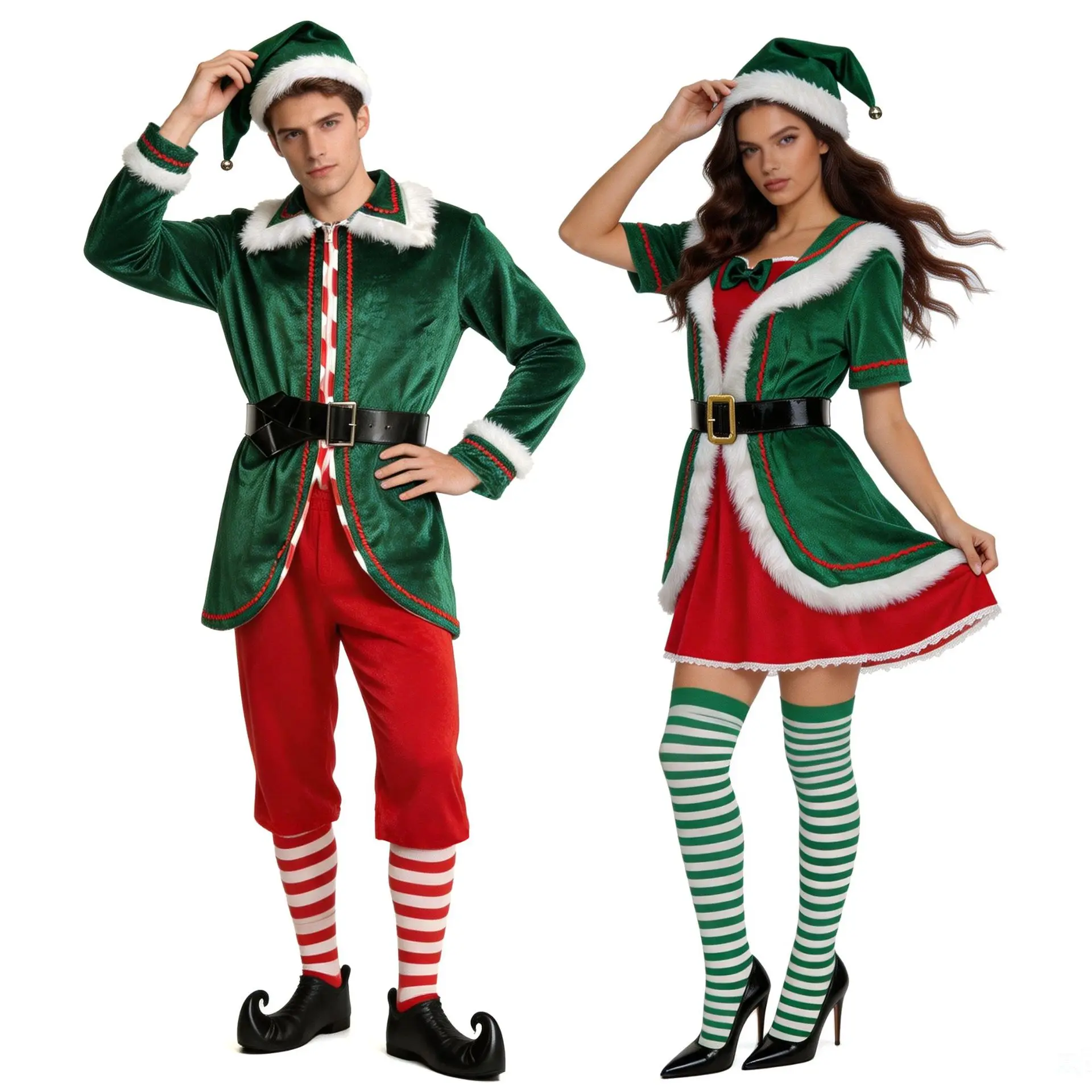Niedliches Festliches Weihnachtselfen-Paar Kostüm für Feiertagsparty, Weihnachtskarneval, Event, Bar, Bühnenshow, Cosplay-Kostüm 2026 – Detail 9