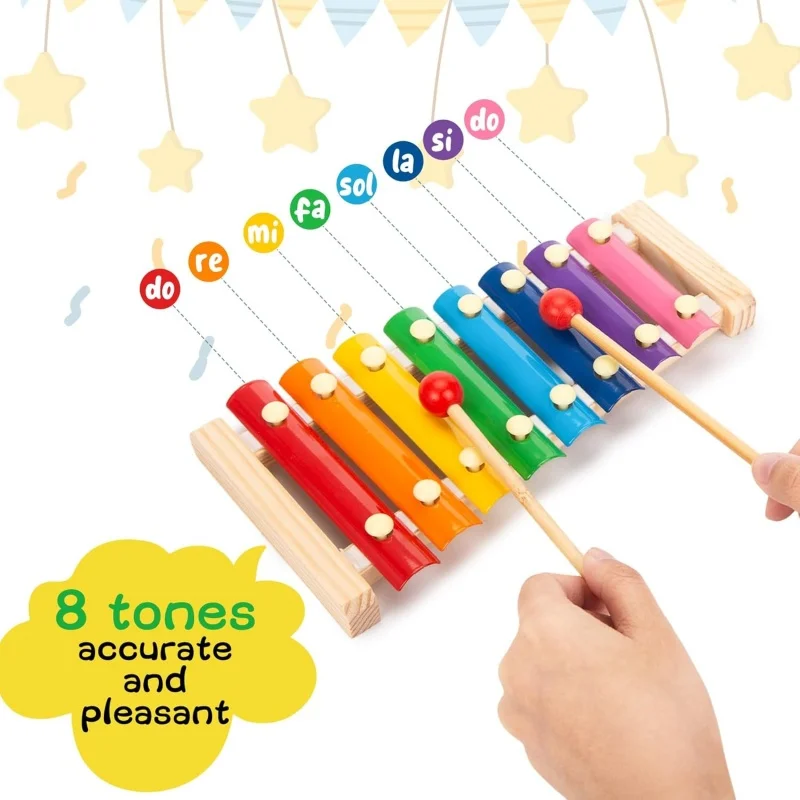 Xilofone de madeira montessori para crianças com 2 maletes, 8 teclas diatônicas, instrumentos musicais para pré-escolares, brinquedos educativos, presentes