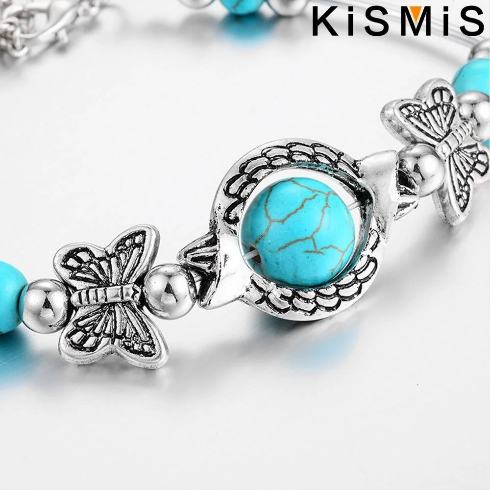 KISMIS 1 pieza de cuentas turquesas bohemias, pulsera de mariposa, dije, cadena ajustable para la muñeca, joyería para mujeres y niñas