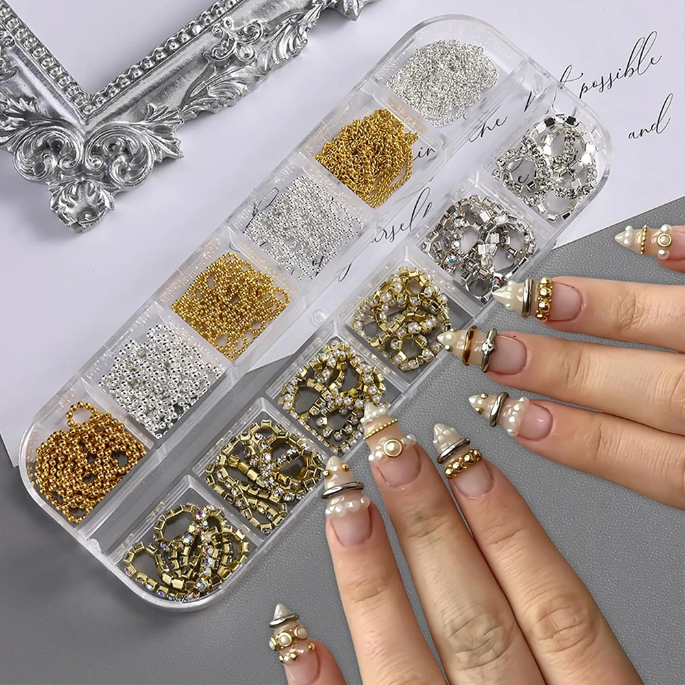 3D Metallketten-Nagelcharms 12-Stile Gold Silber Strass Perlen Edelstein Ketten Punk Luxus Schmuckzubehör für Maniküre DIY Handwerk – Detail 4