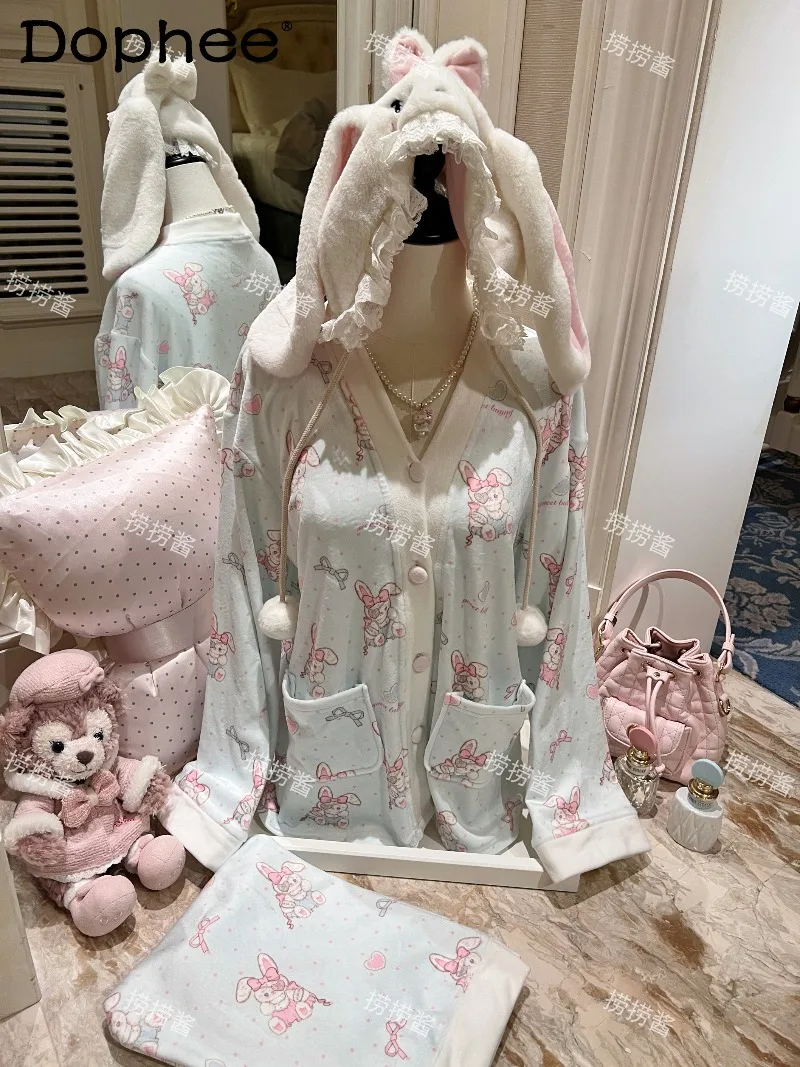 

2025 New Autumn Winter Japanese Style Ins Fleece Long Sleeve Warm Pajamas Thickened Casual Sweet Cute Wearable Homewear