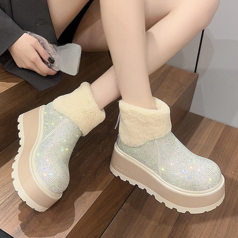 

Crystal Women Ankle Boots Fur High Heels Elegant Warm Cotton Shoes 2025 Fashion New Snow Boots Platform Dress Casual Mujer Botas