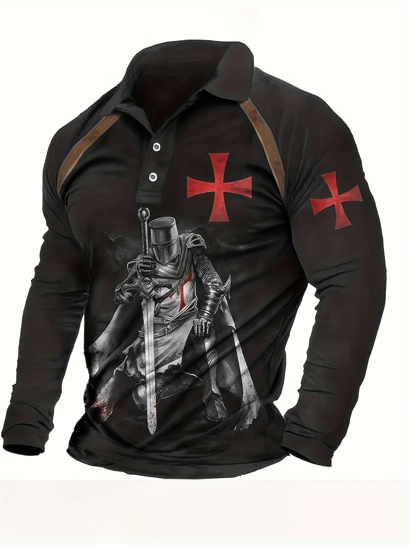 Men's Knights Templar Cross 3d Print Long Sleeve Polo Shirt Medieval Warrior 3D Graphic Casual Button Down Top For Daily Wear