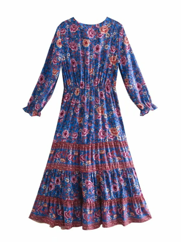 Purple Floral Print Women Long Sleeve Beach Bohemian Maxi Dresses Ladies Deep V-neck Sashes Rayon BohoDress Vestido Robe