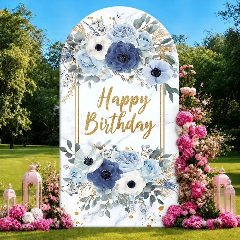 

Single Side Arch Backdrop Cover Elegant Blue and White Floral Birthday Background Banner with Gold Script and Greenery